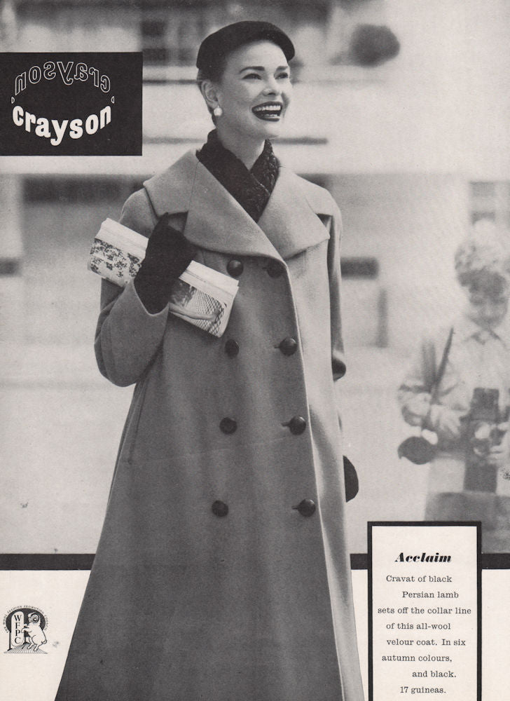 Crayson. Acclaim black Persian lamb cravat/Wool velour coat. Fashion advert 1955